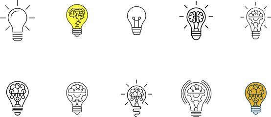 Innovation icon set. Light bulb with cog or brain inside. Inspiration icon, idea, innovation sign, symbol or logo. Vector illustration