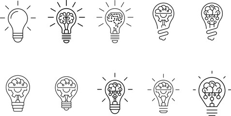 Fototapeta na wymiar Innovation icon set. Light bulb with cog or brain inside. Inspiration icon, idea, innovation sign, symbol or logo. Vector illustration