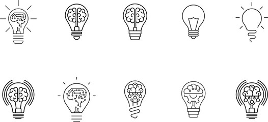 Innovation icon set. Light bulb with cog or brain inside. Inspiration icon, idea, innovation sign, symbol or logo. Vector illustration