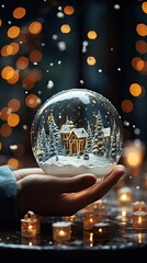 A snowstorm is present while a snowman is depicted in a glass Christmas globe. Christmas snow globe. Generative AI