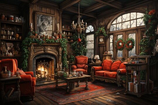 Christmas Dreams, Holiday Interior Decor in Oil Painting