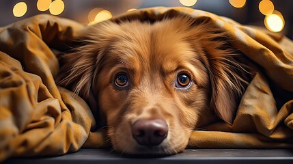Bored young golden retriever dog under light gray plaid. Pet warms under a blanket in cold winter weather. Pets friendly and care concept. Sad emotion illustration. Generative AI - obrazy, fototapety, plakaty