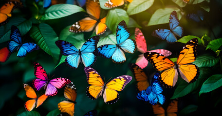 Enchanting capture of vibrant butterflies in flight, illuminated by soft sunrays. In a dreamy garden backdrop. Ideal for nature and fantasy themes.