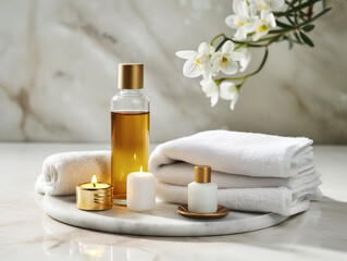 Fototapeta na wymiar Composition of beauty spa products oil candles and towels