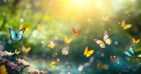 Enchanting capture of vibrant butterflies in flight, illuminated by soft sunrays. In a dreamy garden backdrop. Ideal for nature and fantasy themes.