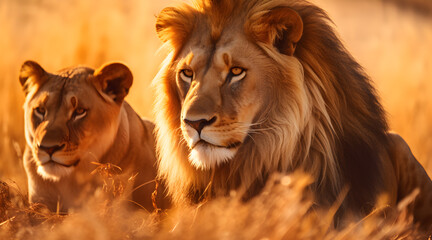 Fototapeta premium An intimate portrayal of a lion and lioness, emanating strength and unity, bathed in the soft, warm glow of the African sunset.