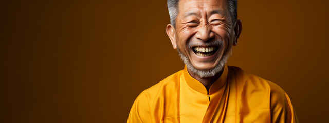 Photo of retired old man open mouth shiny smile excited isolated color background