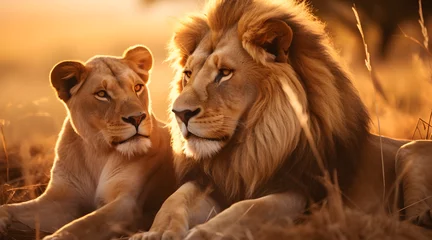 Gardinen An intimate portrayal of a lion and lioness, emanating strength and unity, bathed in the soft, warm glow of the African sunset. © Jan