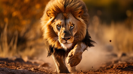 Fototapeta premium Close-up of a lion in full stride, showcasing its raw power and elegance. Golden sun in African savanah