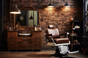 Stylish Vintage Barber Chair In Wooden Interior. Barbershop Theme