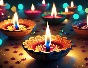 Illustration of Diwali festival Diya Lamp with rangoli and window in back. Light Effect Diwali Diya Ai Generated.