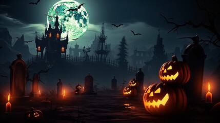 Halloween background with scary pumpkins candles in the graveyard at night with a castle dark background - obrazy, fototapety, plakaty