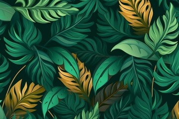 Background with tropical leaves and green floral pattern. Generative AI - obrazy, fototapety, plakaty
