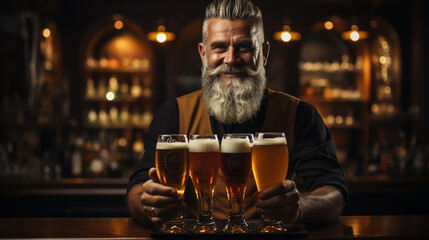 Barman hands pouring a lager beer in a glass.