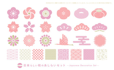 和風の花のあしらいと和柄のパターン背景の年賀状素材にぴったりのセット_柄ありピンク色・金