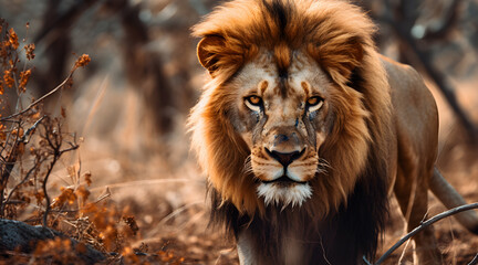 Fototapeta premium Close-up of a lion bathed in golden light, revealing details from its intense gaze to the rich texture of its mane against a sunlit savannah backdrop.