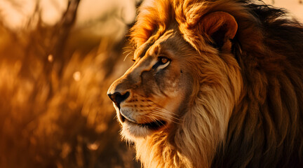 Fototapeta premium Close-up of a lion bathed in golden light, revealing details from its intense gaze to the rich texture of its mane against a sunlit savannah backdrop.