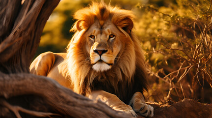 Fototapeta premium Close-up of a lion bathed in golden light, revealing details from its intense gaze to the rich texture of its mane against a sunlit savannah backdrop.