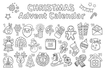 Xmas coloring advent calendar. Hand drawn vector poster with different Christmas symbols