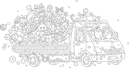Fototapete Cartoon-Autos Happy Santa Claus driving his funny small truck full of gifts and sweets for merry winter holidays, black and white outline vector cartoon illustration for a coloring book