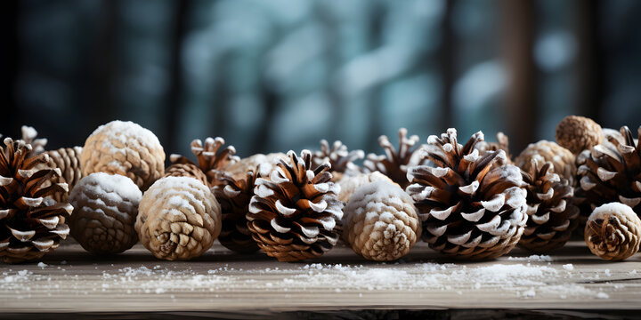 Festive Christmas Background with Pine Cones and Glowing Lights. Holiday Season: Pine Cones and Twinkling Lights Christmas Background