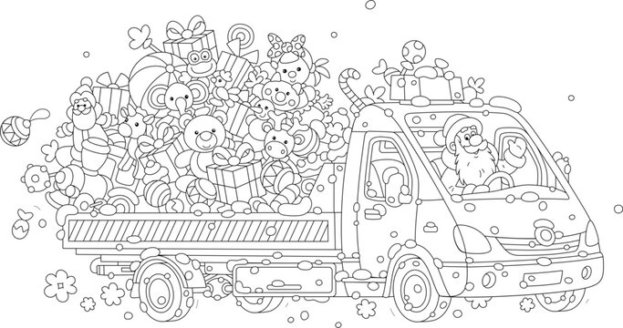 Happy Santa Claus driving his funny small truck full of gifts and sweets for merry winter holidays, black and white outline vector cartoon illustration for a coloring book