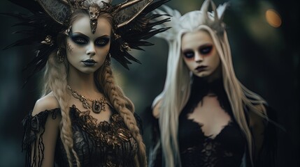 Step into a dark fantasy realm as two Halloween girls don mesmerizing fancy dress costumes. They embody haunting figuratism in the style of devilcore, set against a striking light brown.