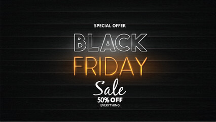 Black Friday Neon Lights On Back Wooden Background, Vector Graphics.