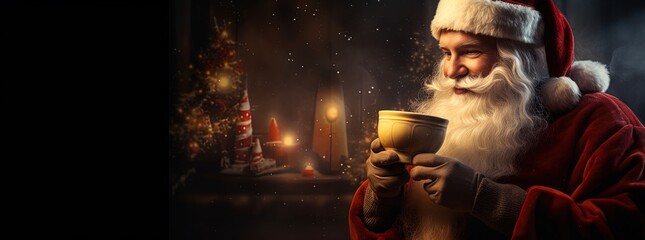Catch Santa Claus enjoying a hot cup of coffee in a bokeh panorama. With a strong facial expression, this night photography shot on Cinestill 50D film features a captivating moment on a shaped canvas.