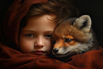 Cute little girl with fox on the bed in the dark, Animal cuddle concept, ai generative