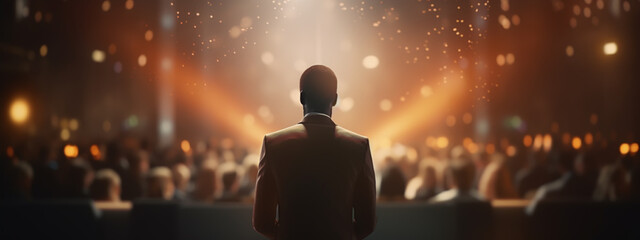 Motivational speaker with headset performing on stage