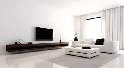 A modern minimalist bedroom with large windows and plenty of light. Featuring a tv with cabinet. Nicely arranged bed and wooden floor.