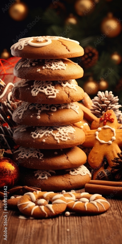 Poster a pile of cookies sitting on top of a wooden table. perfect for food and baking related projects.