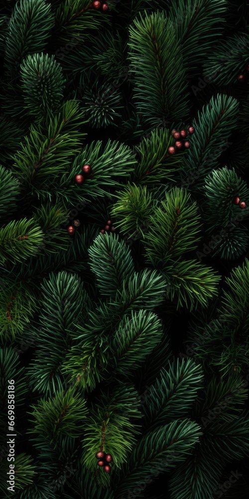 Poster A detailed close-up of a pine tree showcasing its vibrant red berries. Perfect for adding a touch of nature to any project or design.