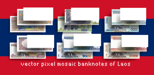 Vector set of pixel mosaic banknotes of Laos. Collection of bills in denominations of 500, 1000, 2000, 5000, 10000 and 20000 kip. Play money or flyers. - obrazy, fototapety, plakaty