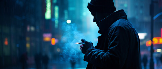 Primer plano extremo de la silueta de un hombre vestido con un abrigo largo fumando un cigarrillo, por la noche en Nueva York, luz azul. IA Generativa - obrazy, fototapety, plakaty