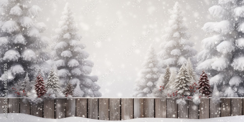 Poster A picture of a snow-covered fence with trees in the background. This image can be used to depict winter scenery or to create a sense of tranquility in design projects.
