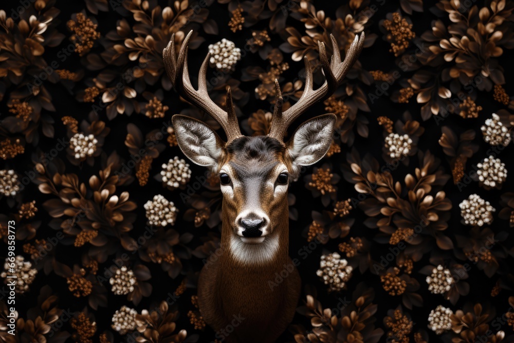 Poster A deer stands in front of a wall adorned with beautiful flowers. This image can be used to add a touch of nature and elegance to various design projects.