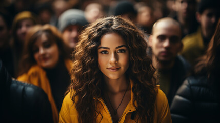 Obraz premium Urban girl standing out from the crowd at a city street.