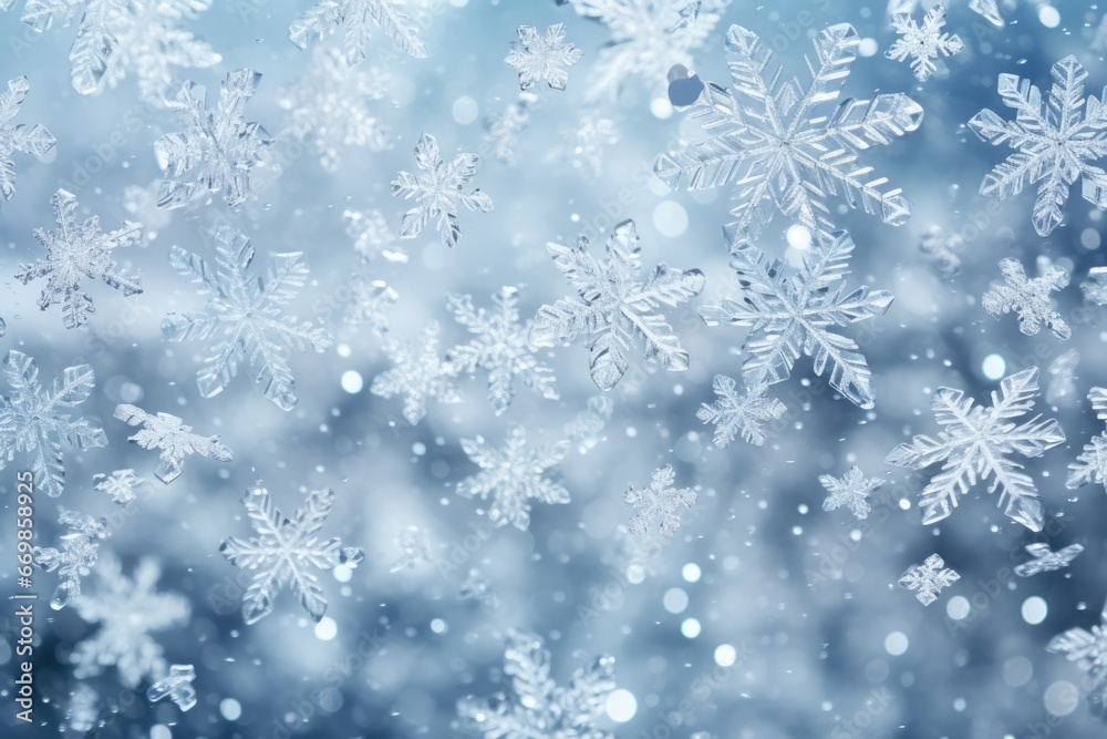 Poster A mesmerizing scene of snow flakes gently falling from the sky. This image captures the beauty of winter and can be used in various projects.