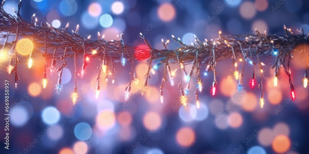 Aufkleber A branch of a Christmas tree with colorful lights in the background. This image can be used to add a festive touch to holiday-themed designs.