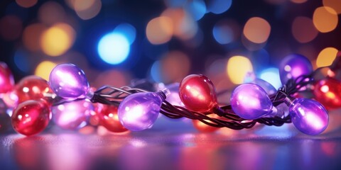 A close-up view of a string of lights arranged neatly on a table. This image can be used to add a warm and cozy ambiance to any setting.