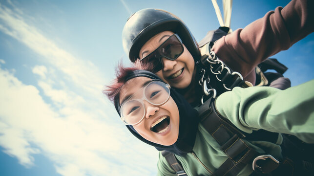 senior woman flying down during skydiving jump aged skydiver floating in air with parachute freefall active old age