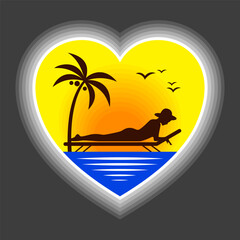 Summer Sunset Heart Girl Palm. Beach logo design. Black vector illustration