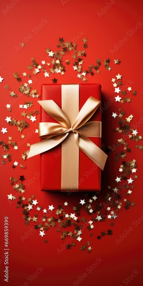 Poster a red gift box with a gold bow is surrounded by shining stars. this image can be used for various oc