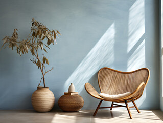 Spacious Wall with Baby Blue Rattan Chair