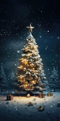 A festive Christmas tree adorned with a shining star on top. Perfect for holiday decorations and creating a joyful atmosphere.