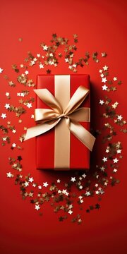 A red gift box with a gold bow is surrounded by shining stars. This image can be used for various occasions and celebrations.
