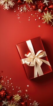 A red gift box with a white bow, perfect for any occasion. This image can be used to convey the excitement and joy of giving and receiving gifts.