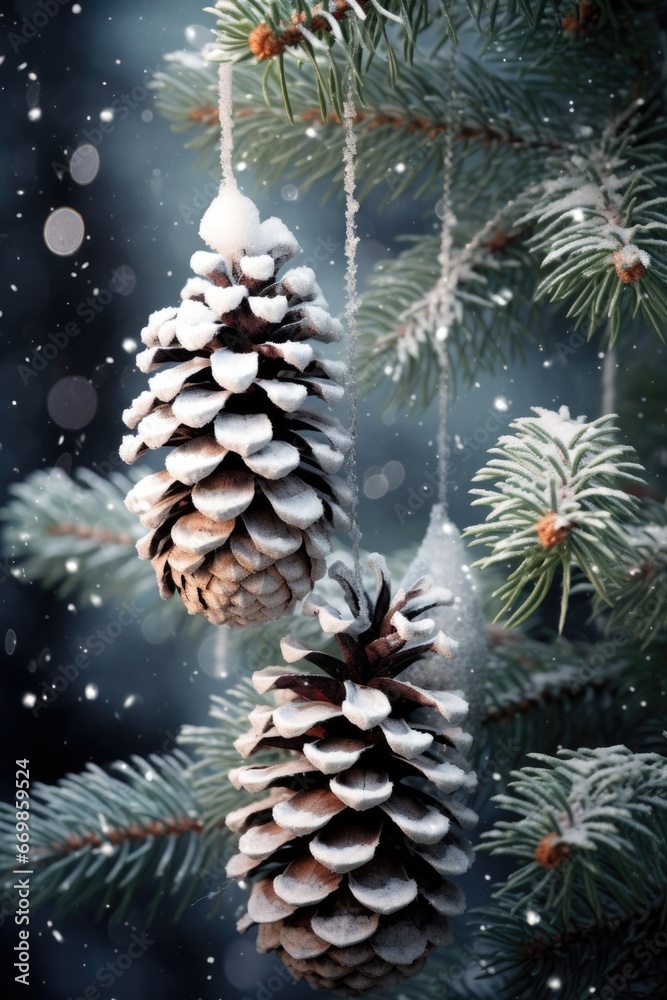Poster This image features a couple of pine cones hanging from a tree. It can be used as a decorative element or as a symbol of nature and the changing seasons